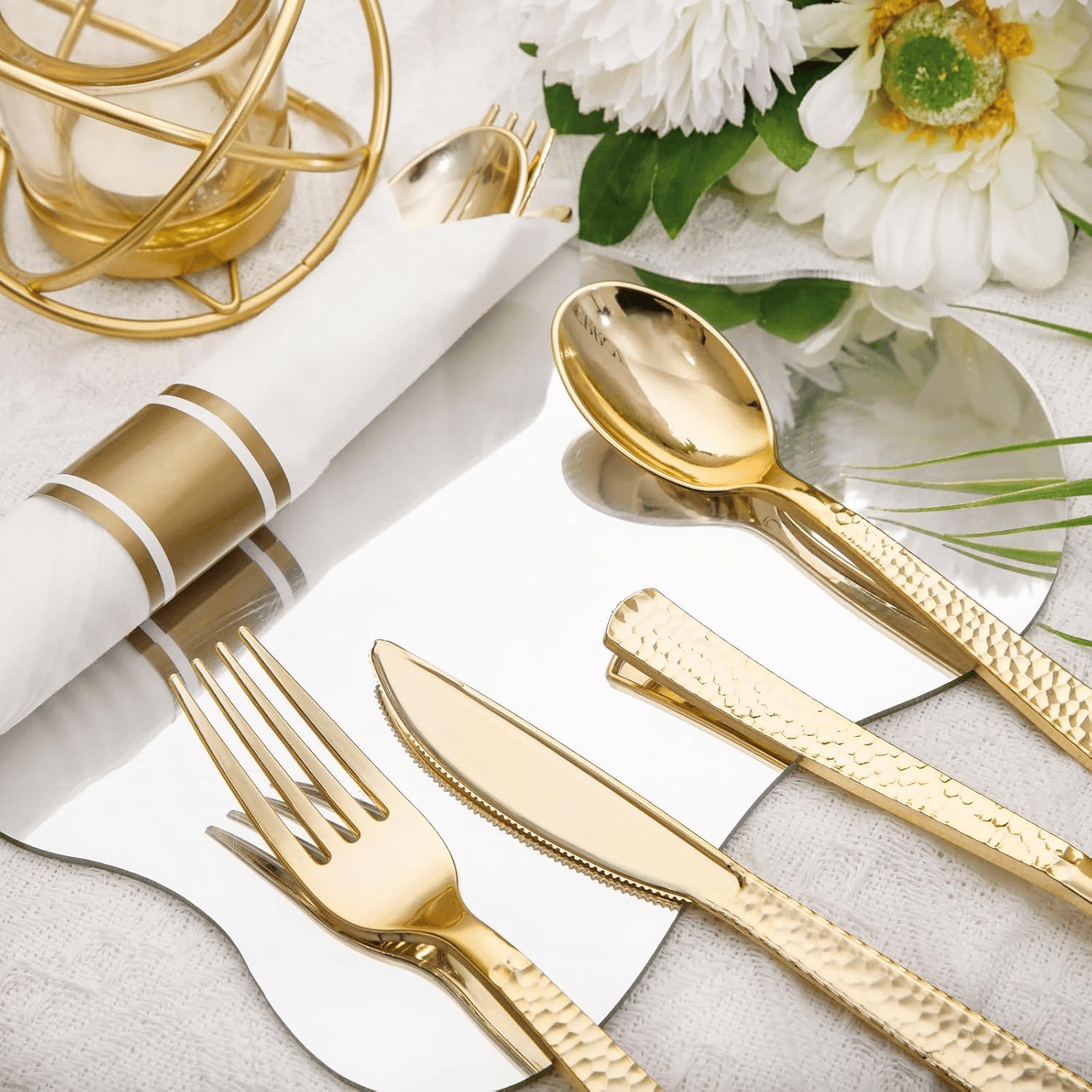 Nervure 400PCS Pre Rolled Gold Plastic Silverware Sets - Heavy Duty Gold Cutlery - Include 100 Pack Wrapped Disposable Utensils with Napkins for Parties, Dinners & Weddings