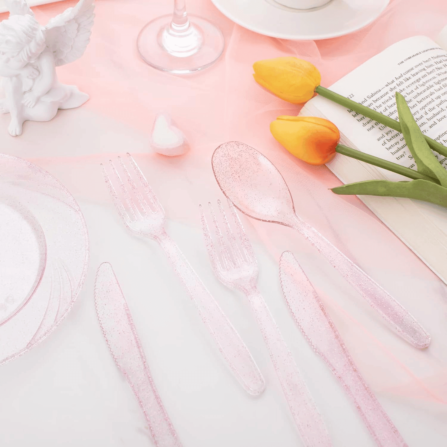 WDF 360 Plastic Silverware - Disposable Cutlery - Gold Glitter Plastic: 120 Forks, 120 Spoons, 120 Knives for Wedding/Party
