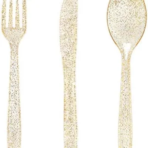 WDF 360 Plastic Silverware - Disposable Cutlery - Gold Glitter Plastic: 120 Forks, 120 Spoons, 120 Knives for Wedding/Party