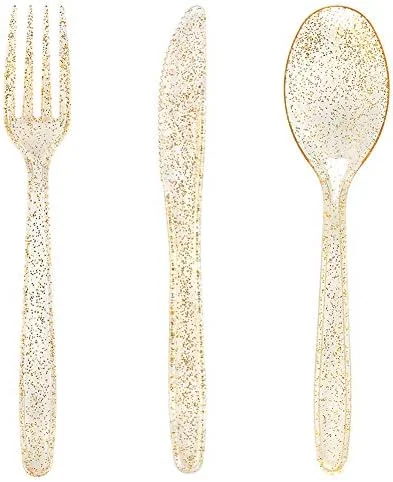WDF 360 Plastic Silverware - Disposable Cutlery - Gold Glitter Plastic: 120 Forks, 120 Spoons, 120 Knives for Wedding/Party