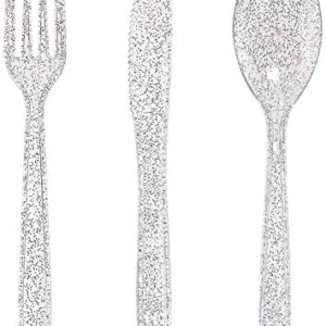 WDF 360 Plastic Silverware - Disposable Cutlery - Gold Glitter Plastic: 120 Forks, 120 Spoons, 120 Knives for Wedding/Party