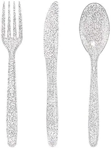 WDF 360 Plastic Silverware - Disposable Cutlery - Gold Glitter Plastic: 120 Forks, 120 Spoons, 120 Knives for Wedding/Party