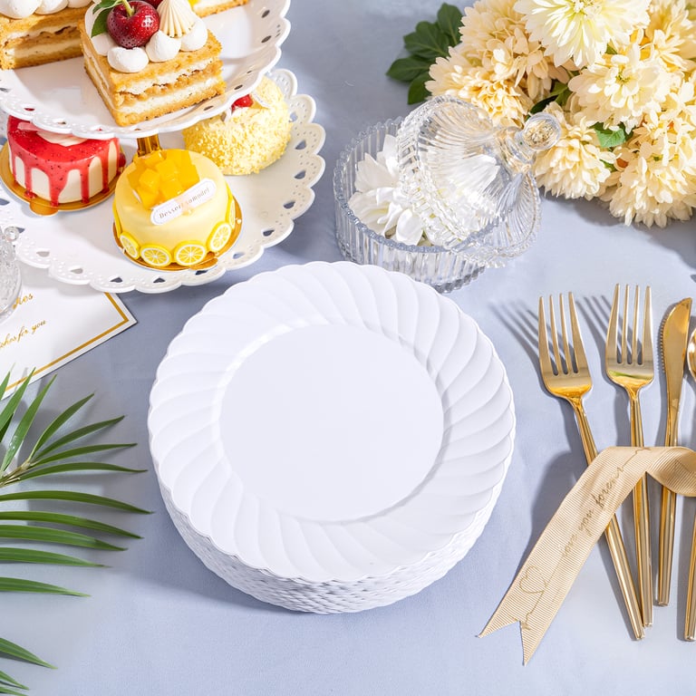 White Scalloped Plastic Plates Disposable — view 8