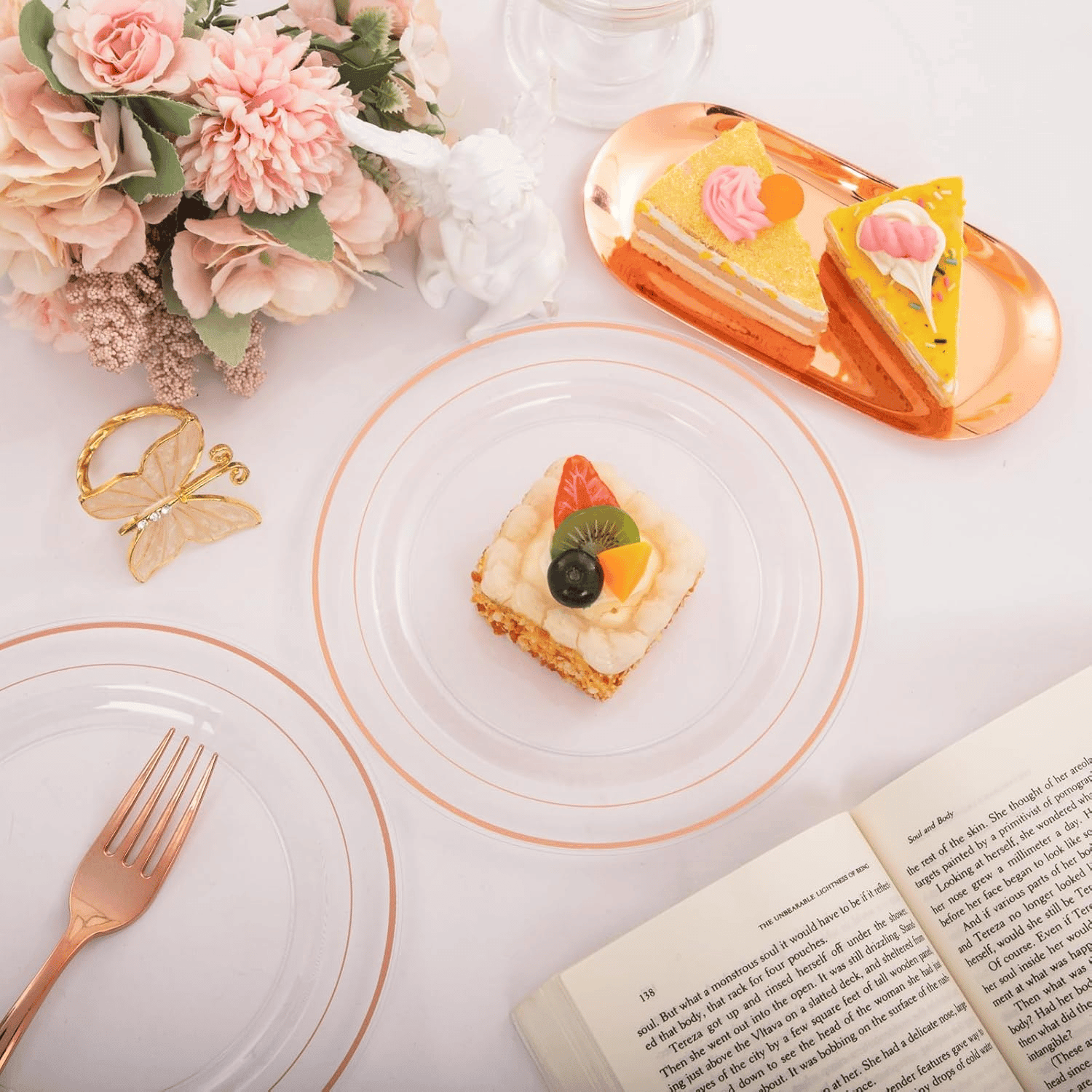 Rose Gold Rim Dessert Plates & Forks Set (144 Pieces) — view 5