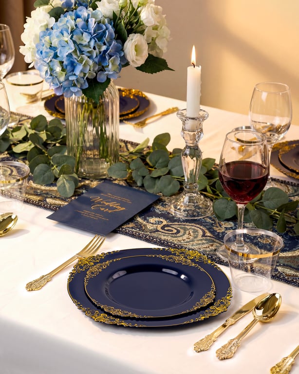 Navy Blue & Gold Dinnerware Set for 50 Guests — view 9