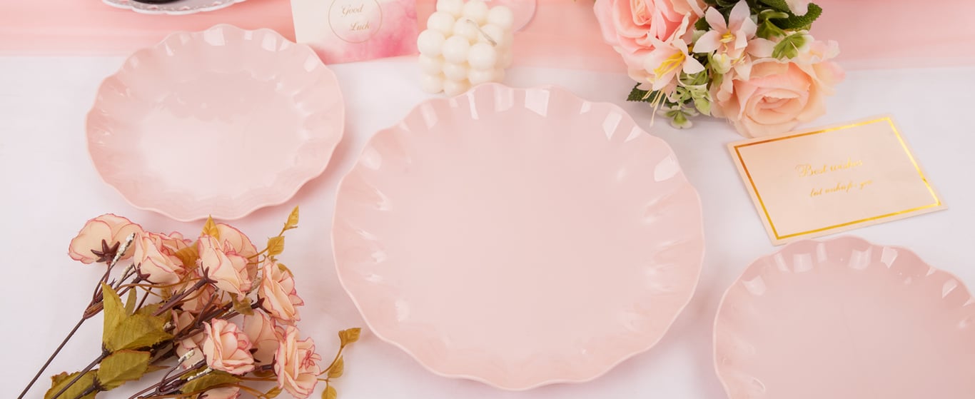 Pink LIYH Scalloped Plastic Plates Reusable Unbreakable Dinner Plates Set — view 7