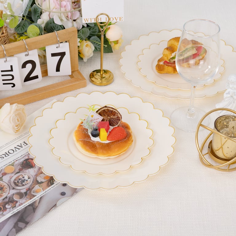Beige And Gold Scalloped Plastic Plates (Dinner & Dessert) — view 7