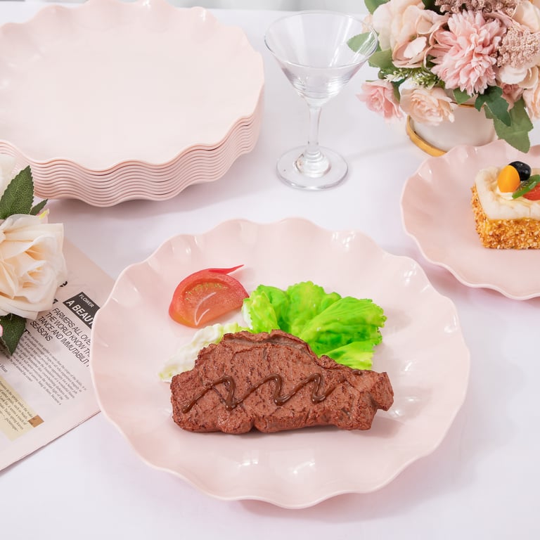 Pink LIYH Scalloped Plastic Plates Reusable Unbreakable Dinner Plates Set — view 8