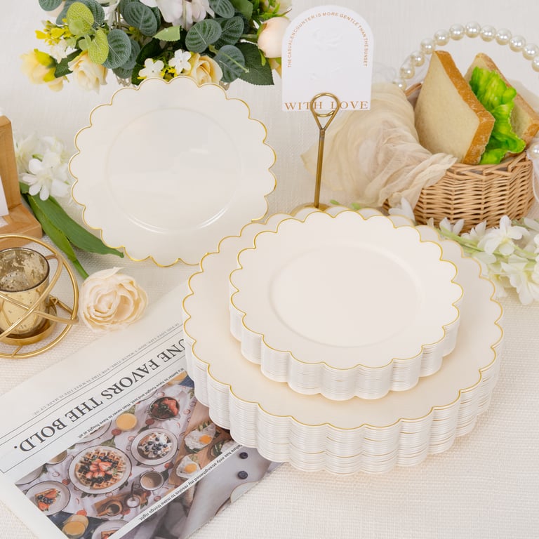 Beige And Gold Scalloped Plastic Plates (Dinner & Dessert) — view 8