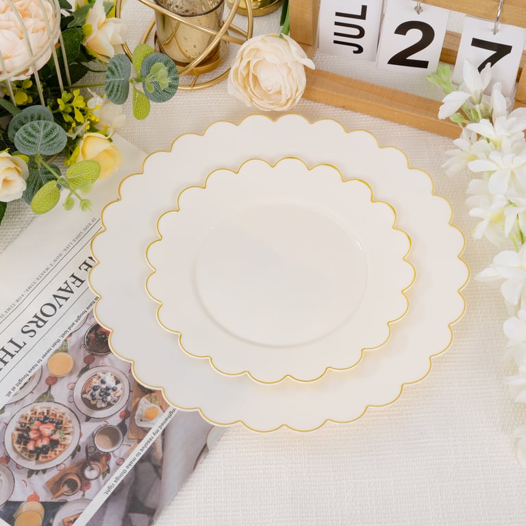 Beige And Gold Scalloped Plastic Plates (Dinner & Dessert) — view 9