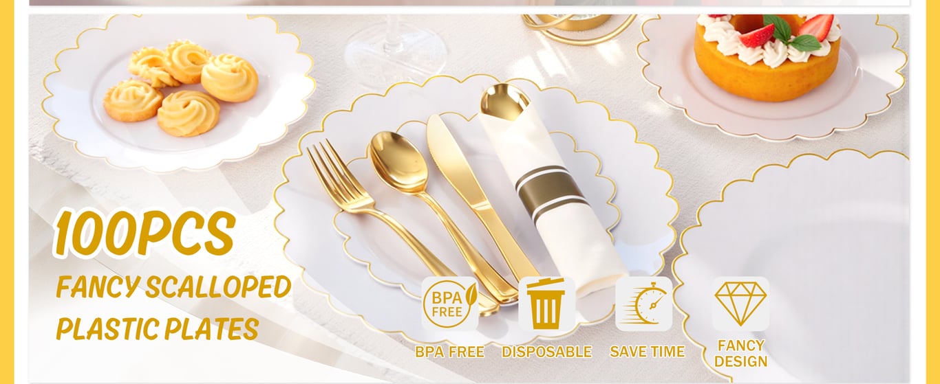 White And Gold Scalloped Plastic Plates (Dinner & Dessert) — view 6