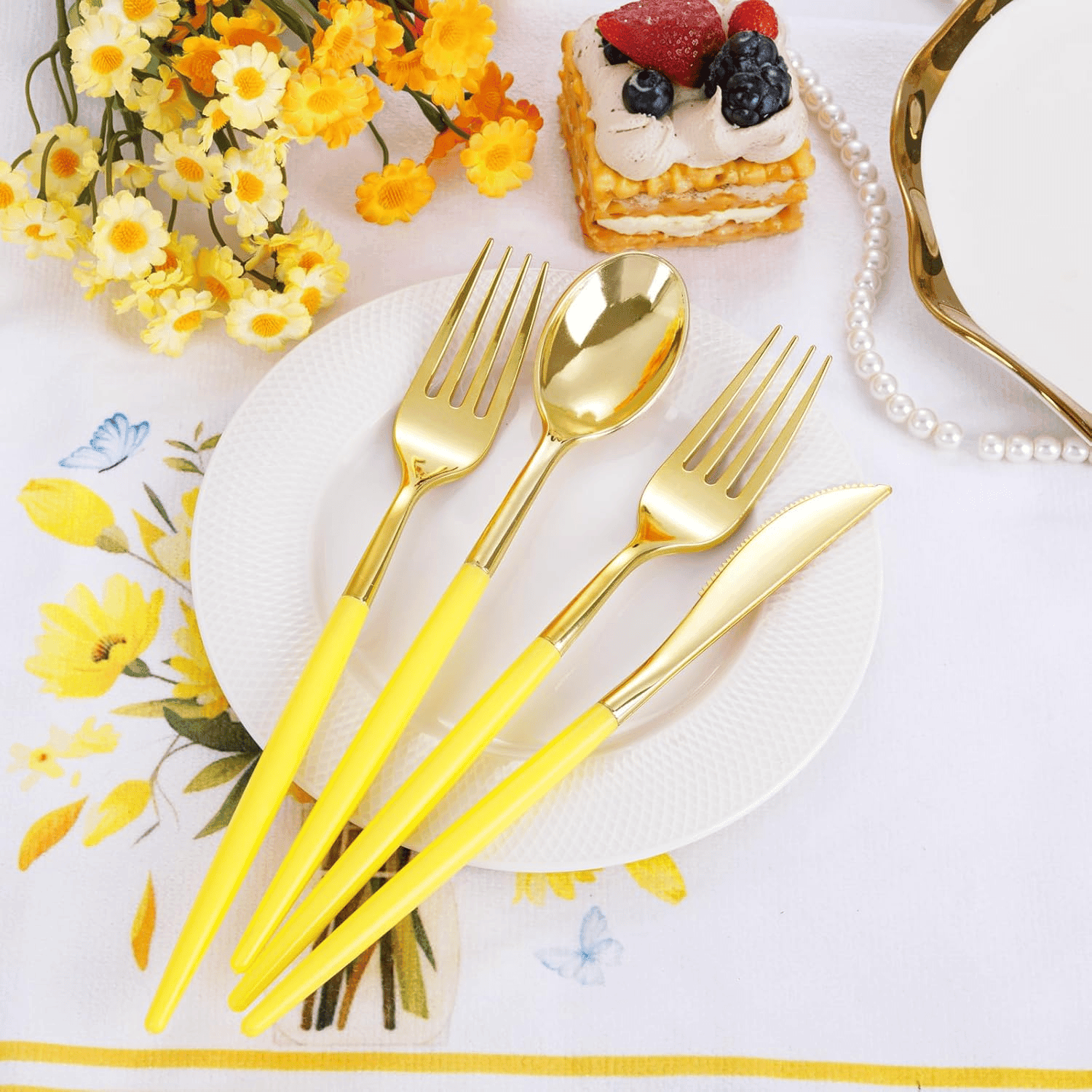 Gold & Yellow Plastic Cutlery Set (102 Pieces) — view 9