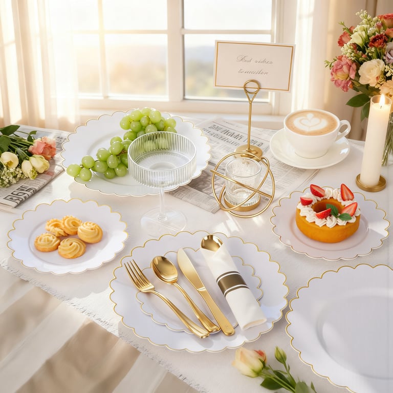 White And Gold Scalloped Plastic Plates (Dinner & Dessert) — view 7