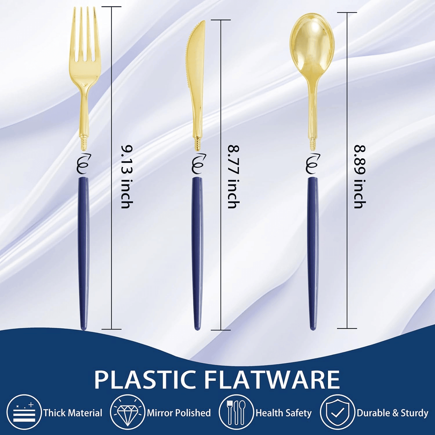 Gold & Dark Blue Plastic Cutlery Set (102 Pieces) — view 3