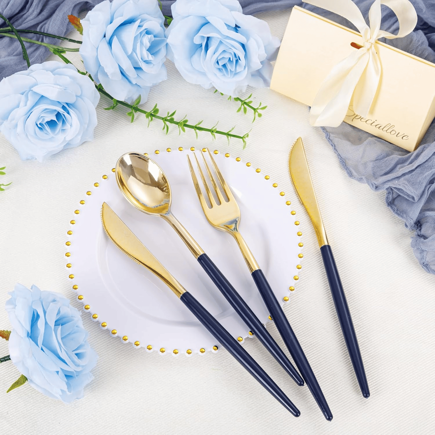 Gold & Dark Blue Plastic Cutlery Set (102 Pieces) — view 4