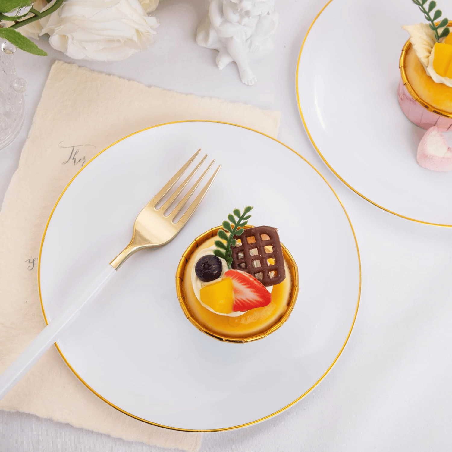White & Gold Wave Dessert Plates & Forks Set (144 Pieces) — view 3