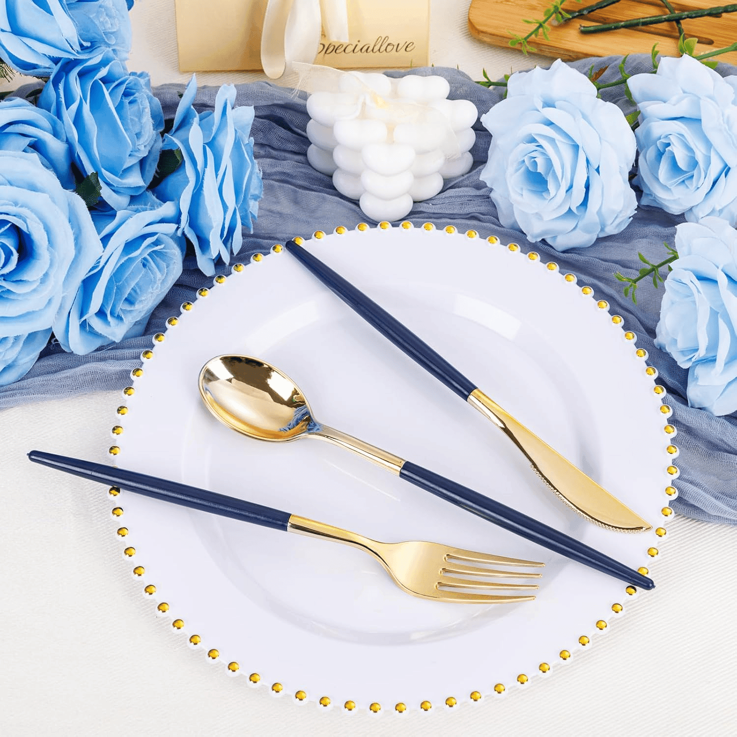 Gold & Dark Blue Plastic Cutlery Set (102 Pieces) — view 5