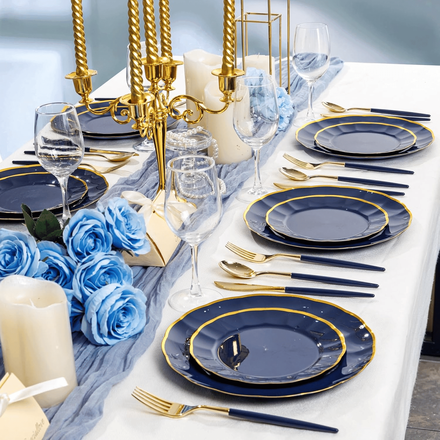 Gold & Dark Blue Plastic Cutlery Set (102 Pieces) — view 8