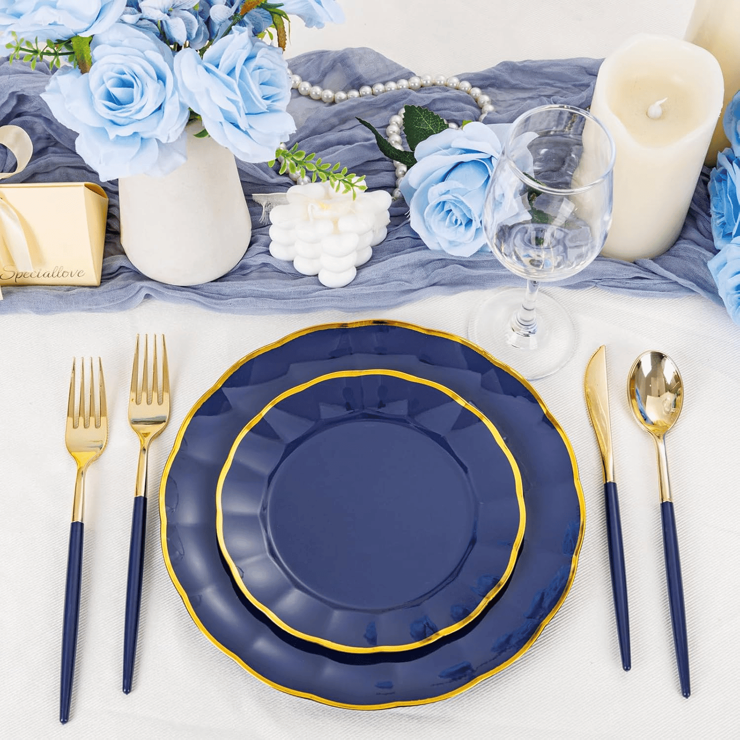 Gold & Dark Blue Plastic Cutlery Set (102 Pieces) — view 9