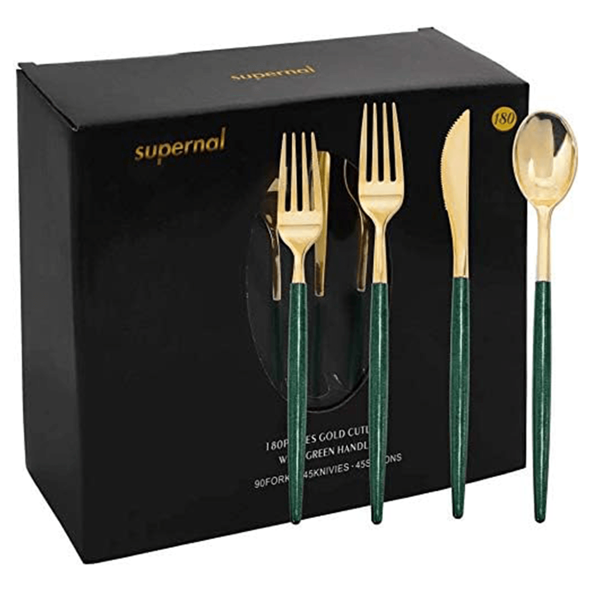 Gold & Green Glitter Plastic Cutlery Set (180 Pieces) — view 3