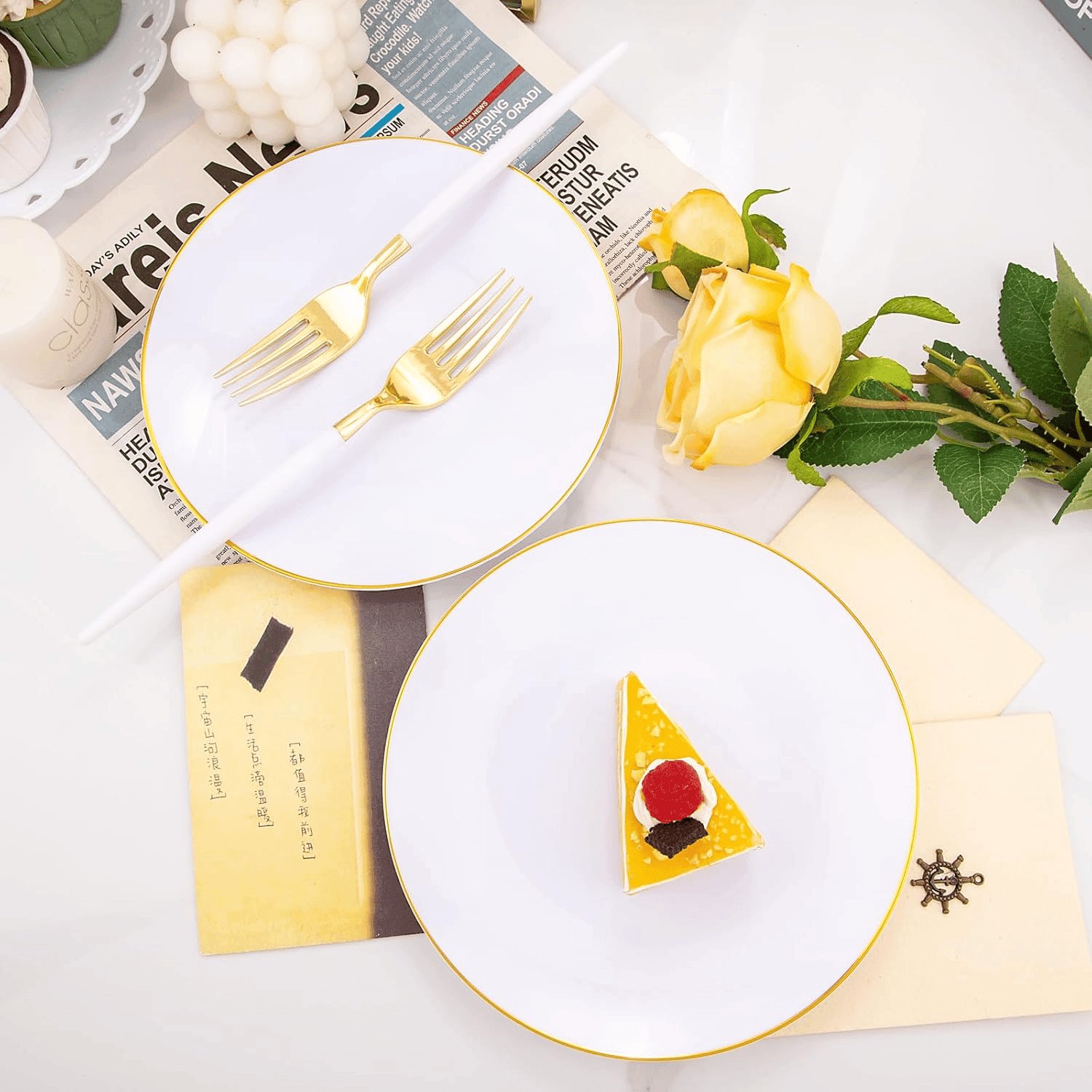 White & Gold Wave Dessert Plates & Forks Set (144 Pieces) — view 4