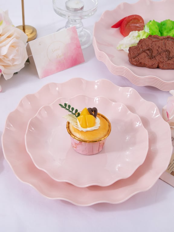 Pink LIYH Scalloped Plastic Plates Reusable Unbreakable Dinner Plates Set — view 10