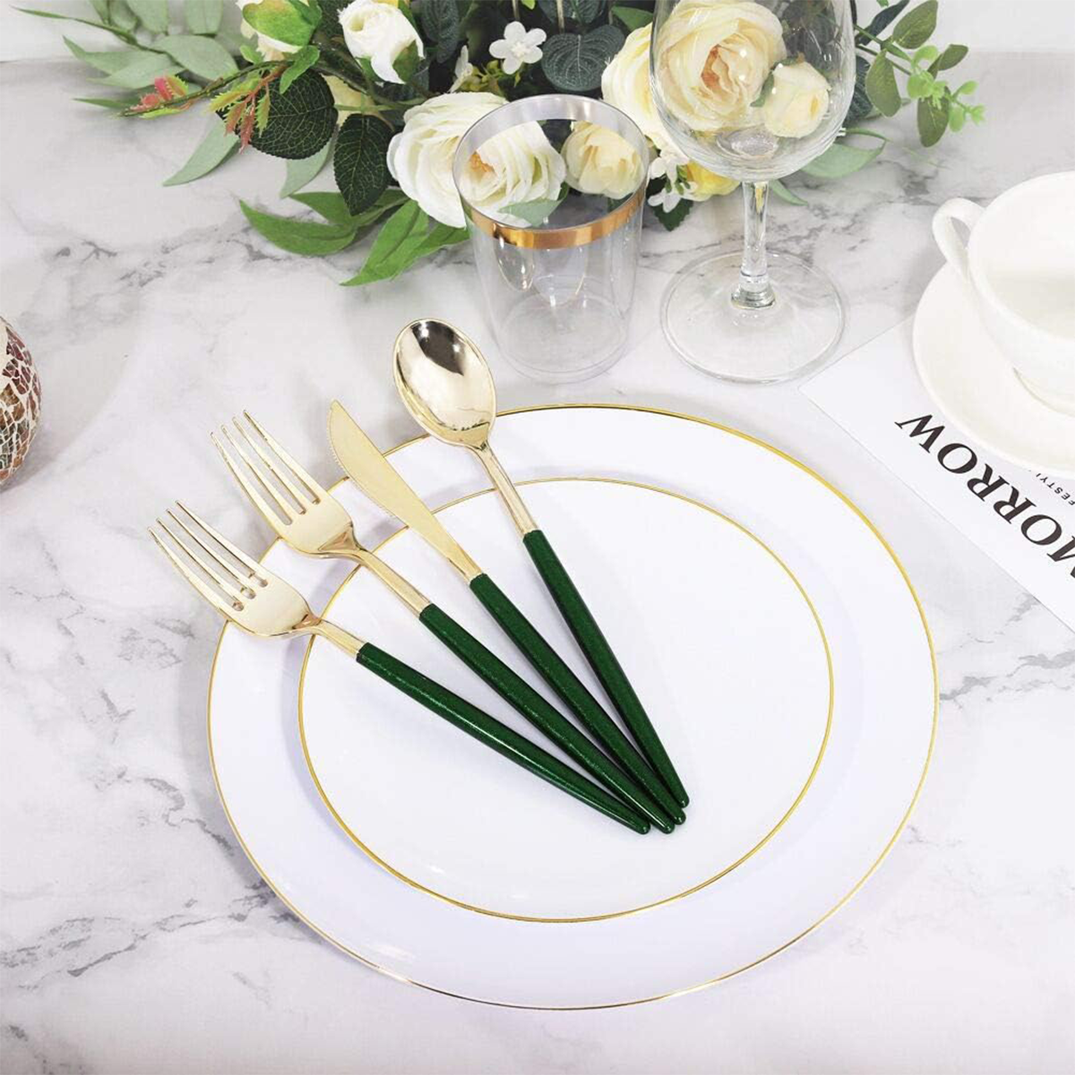 Gold & Green Glitter Plastic Cutlery Set (180 Pieces) — view 7
