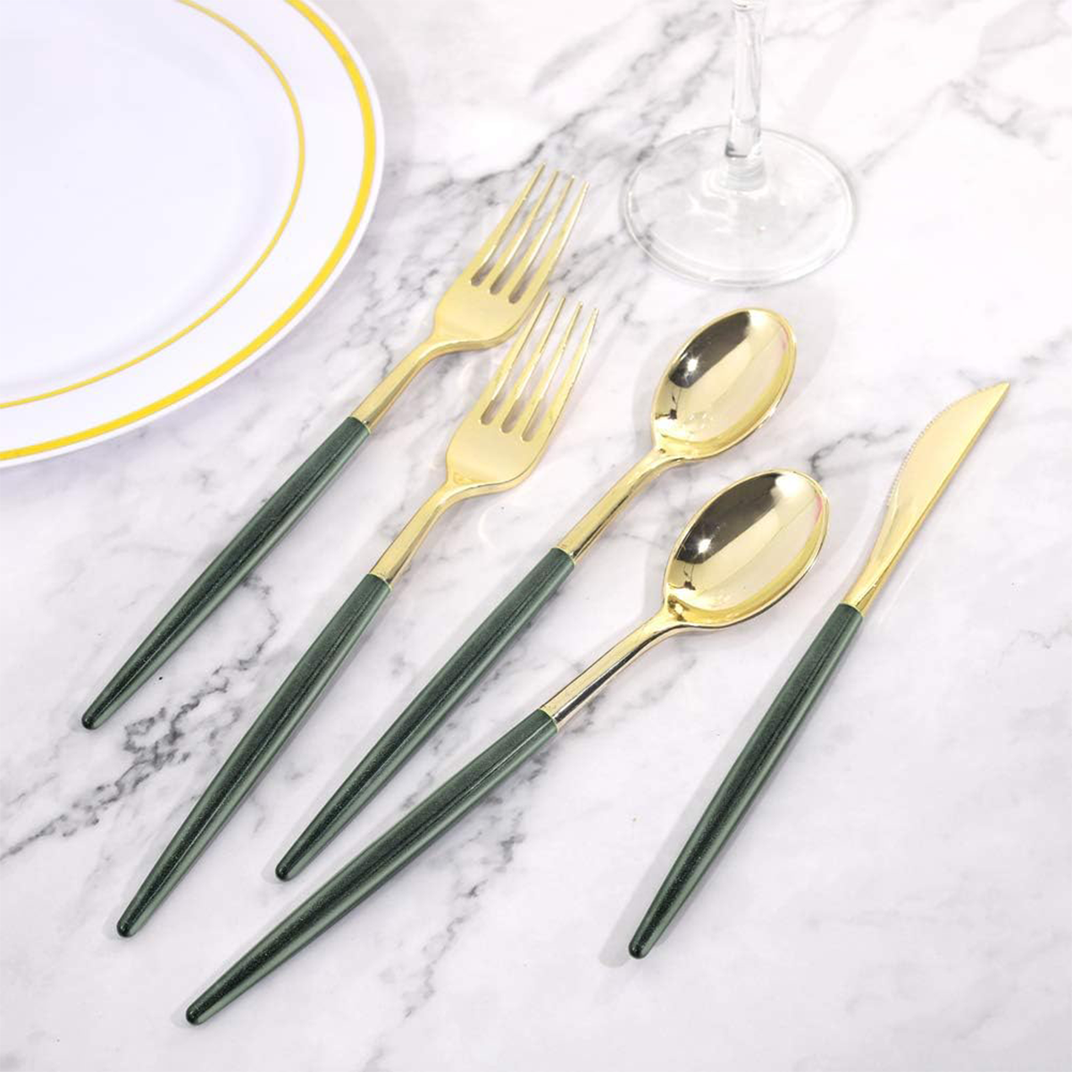 Gold & Green Glitter Plastic Cutlery Set (180 Pieces) — view 8