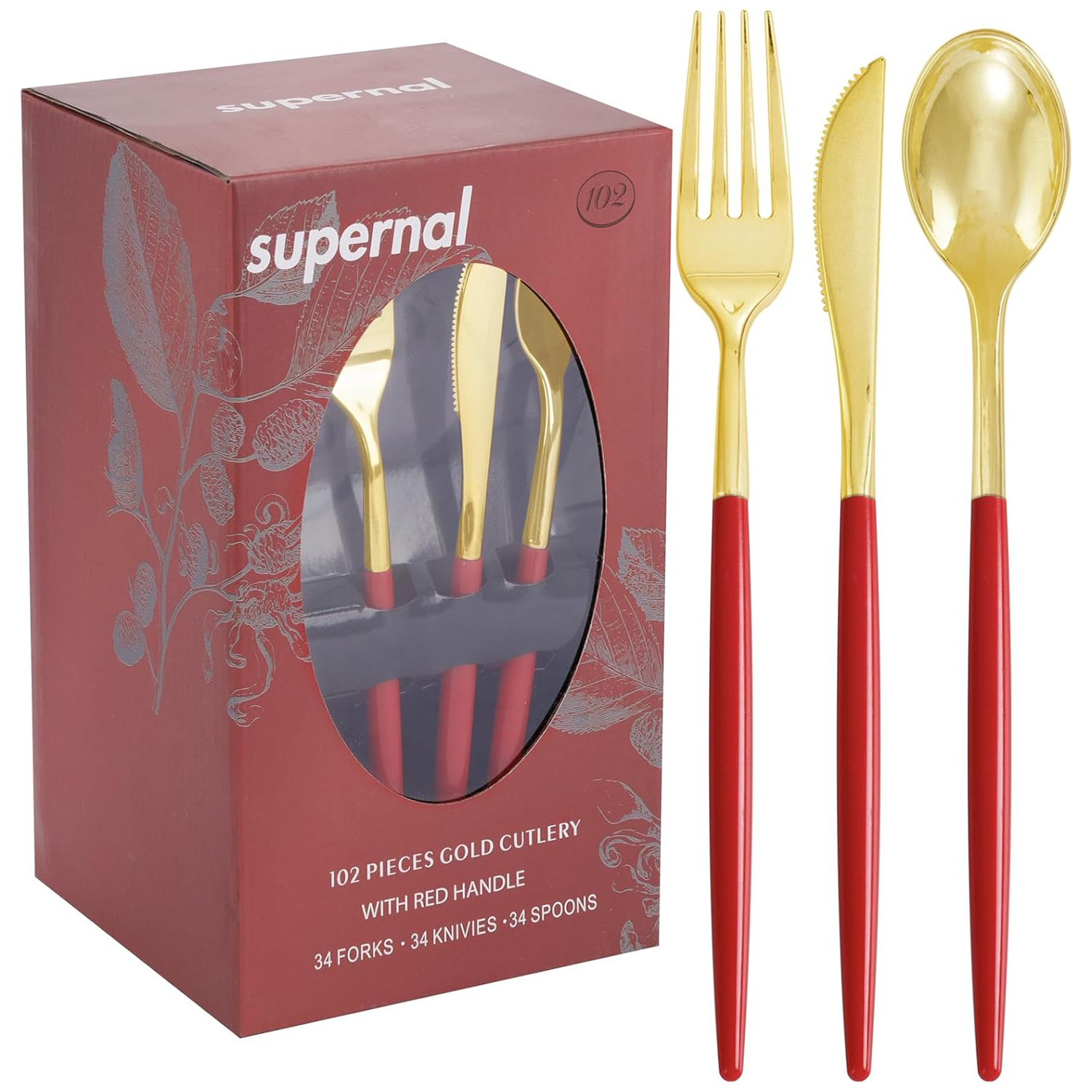 Gold & Red Plastic Cutlery Set (102 Pieces) — view 2