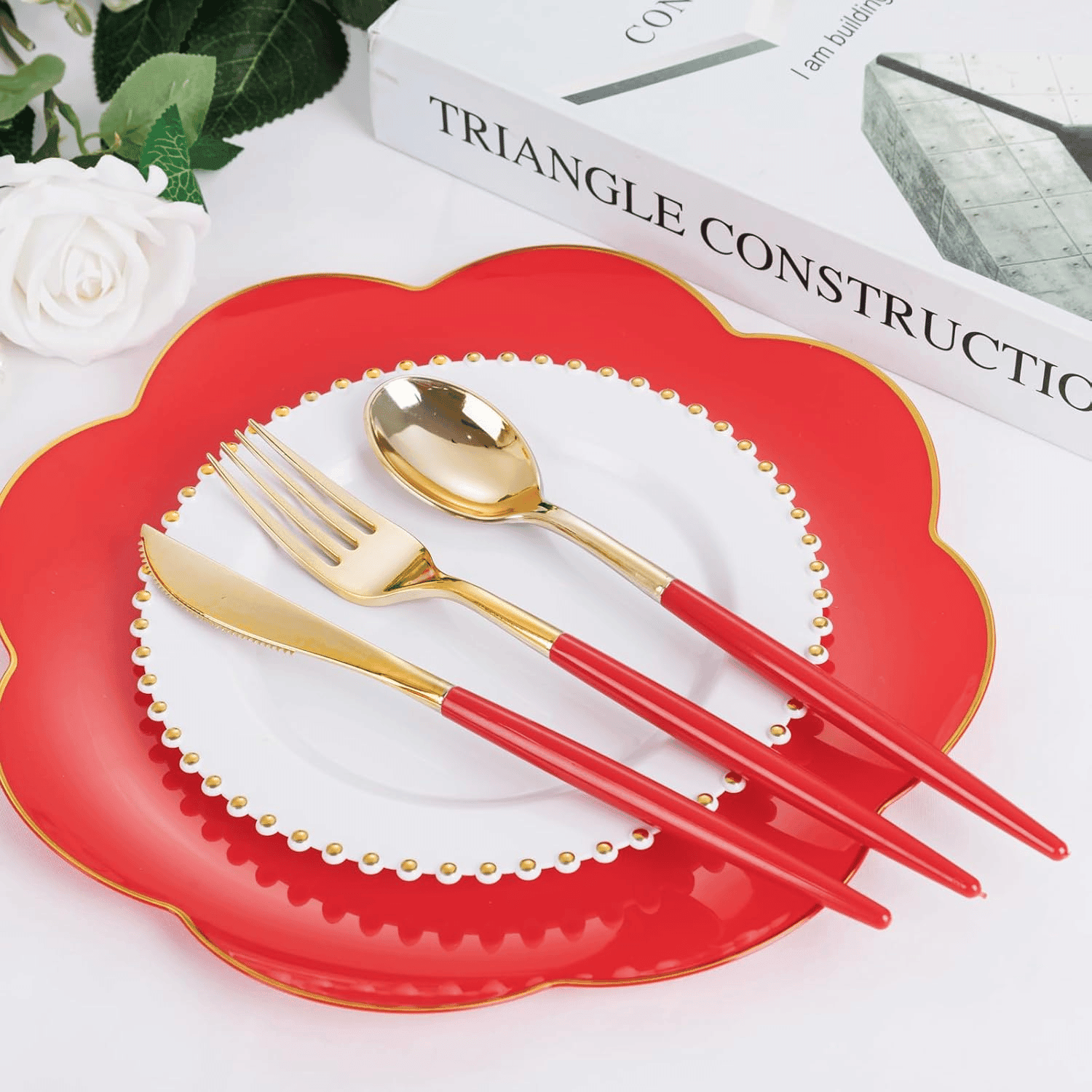 Gold & Red Plastic Cutlery Set (102 Pieces) — view 5