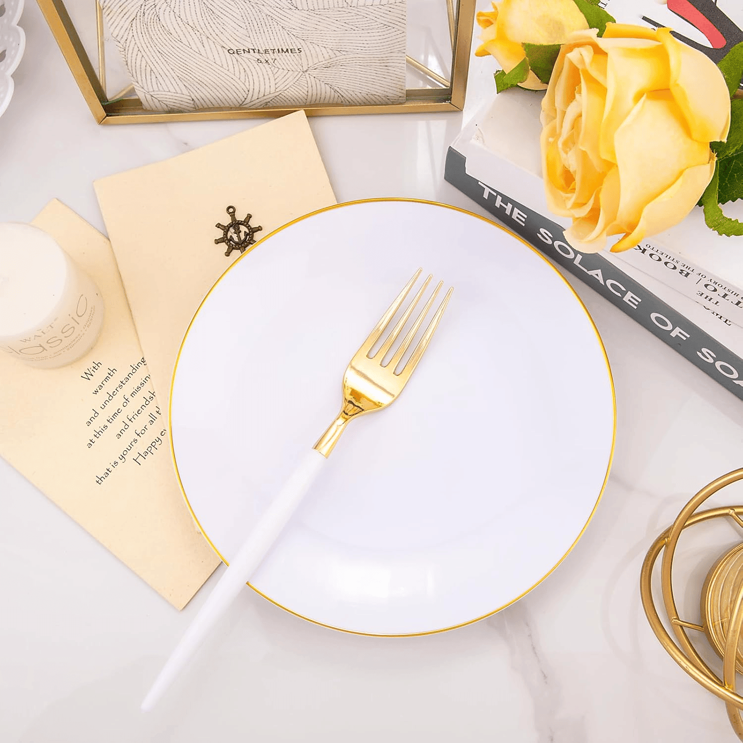 White & Gold Wave Dessert Plates & Forks Set (144 Pieces) — view 5