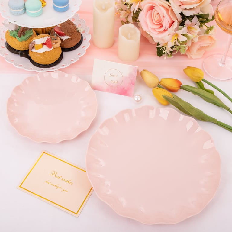 Pink LIYH Scalloped Plastic Plates Reusable Unbreakable Dinner Plates Set — view 11