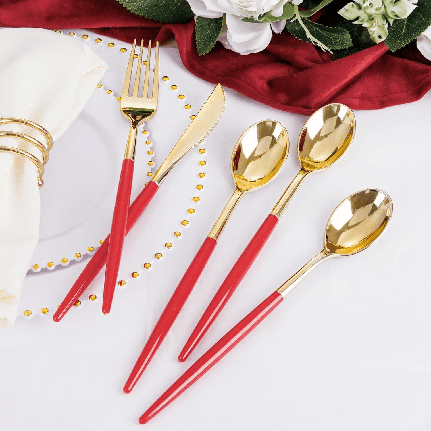 Gold & Red Plastic Cutlery Set (102 Pieces) — view 9