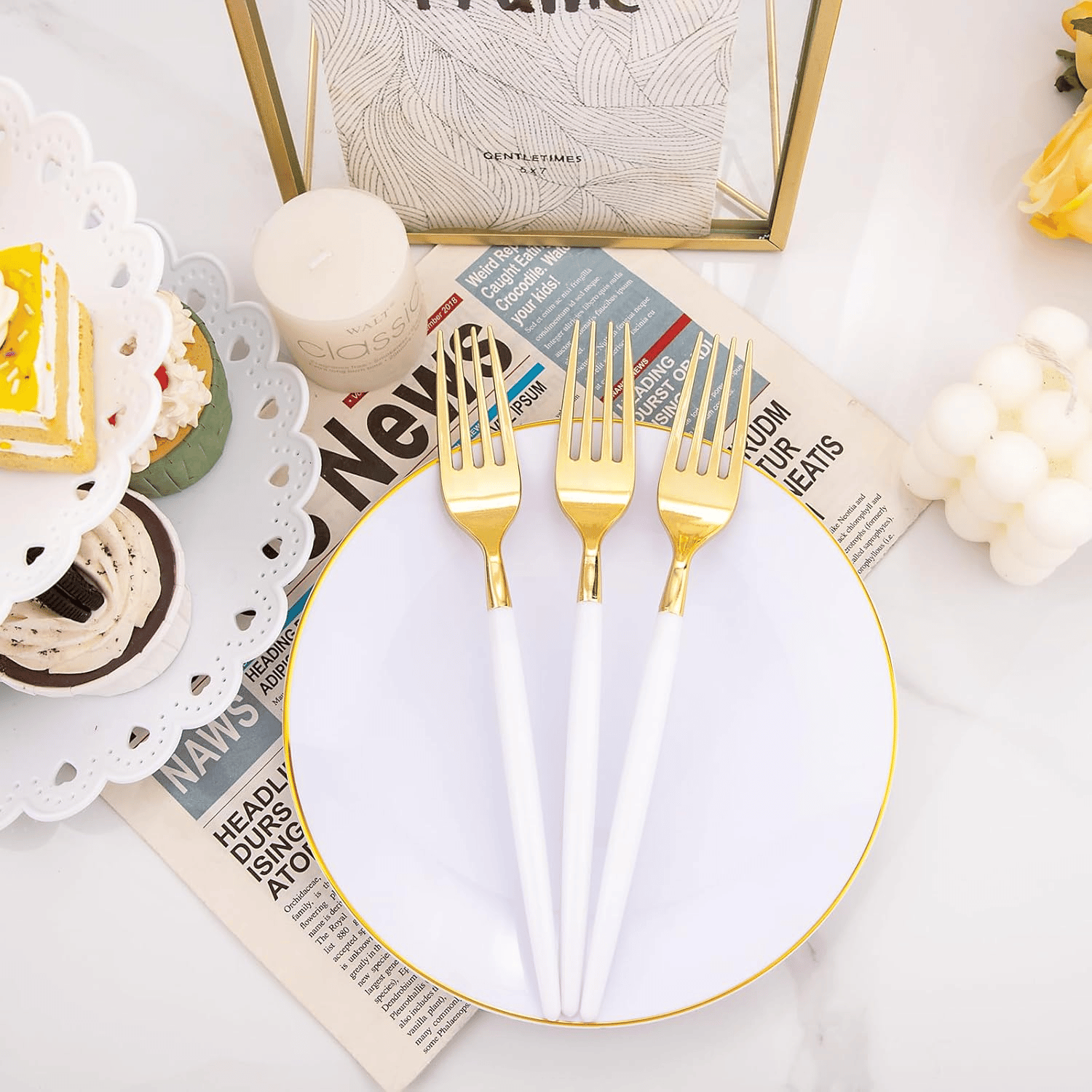 White & Gold Wave Dessert Plates & Forks Set (144 Pieces) — view 6
