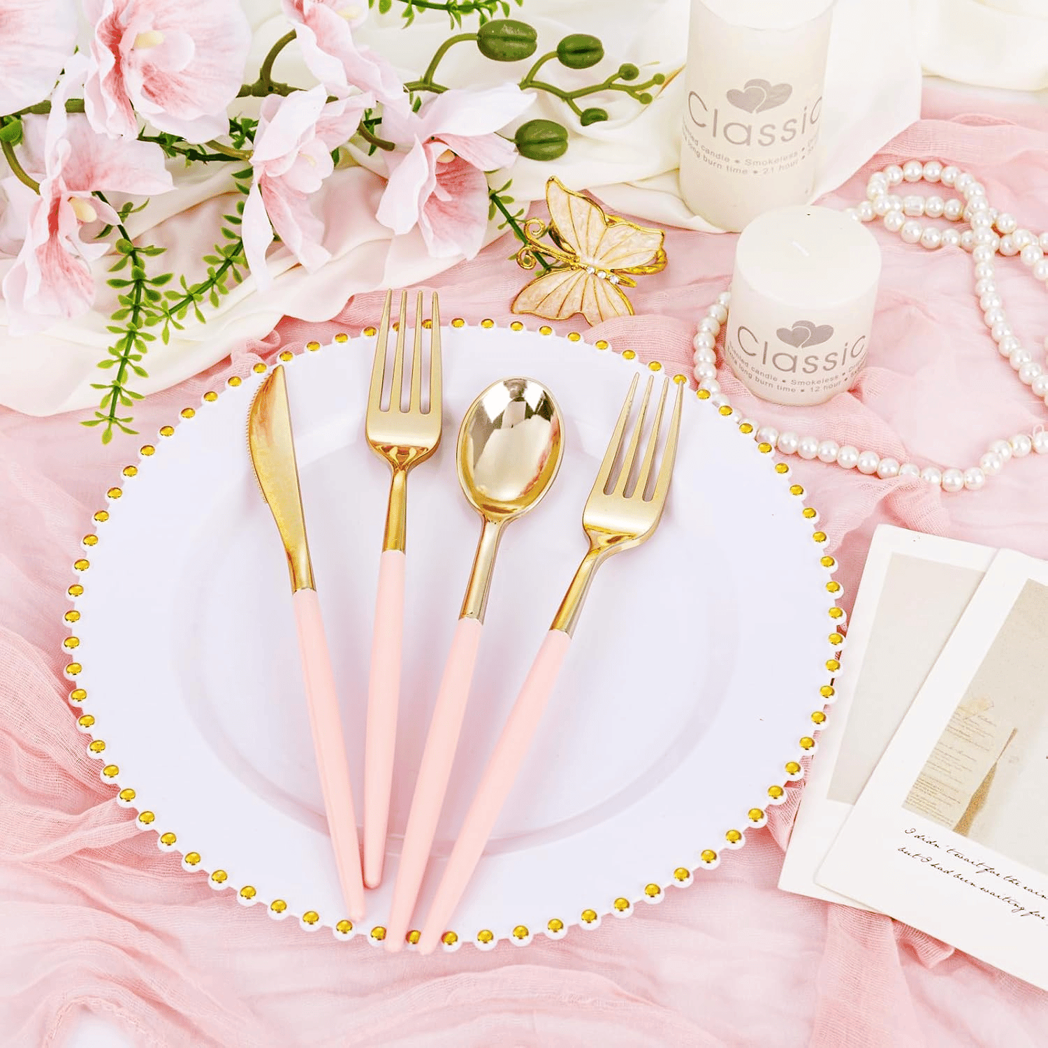 Pink & Gold Plastic Cutlery Set (102 Pieces) — view 4