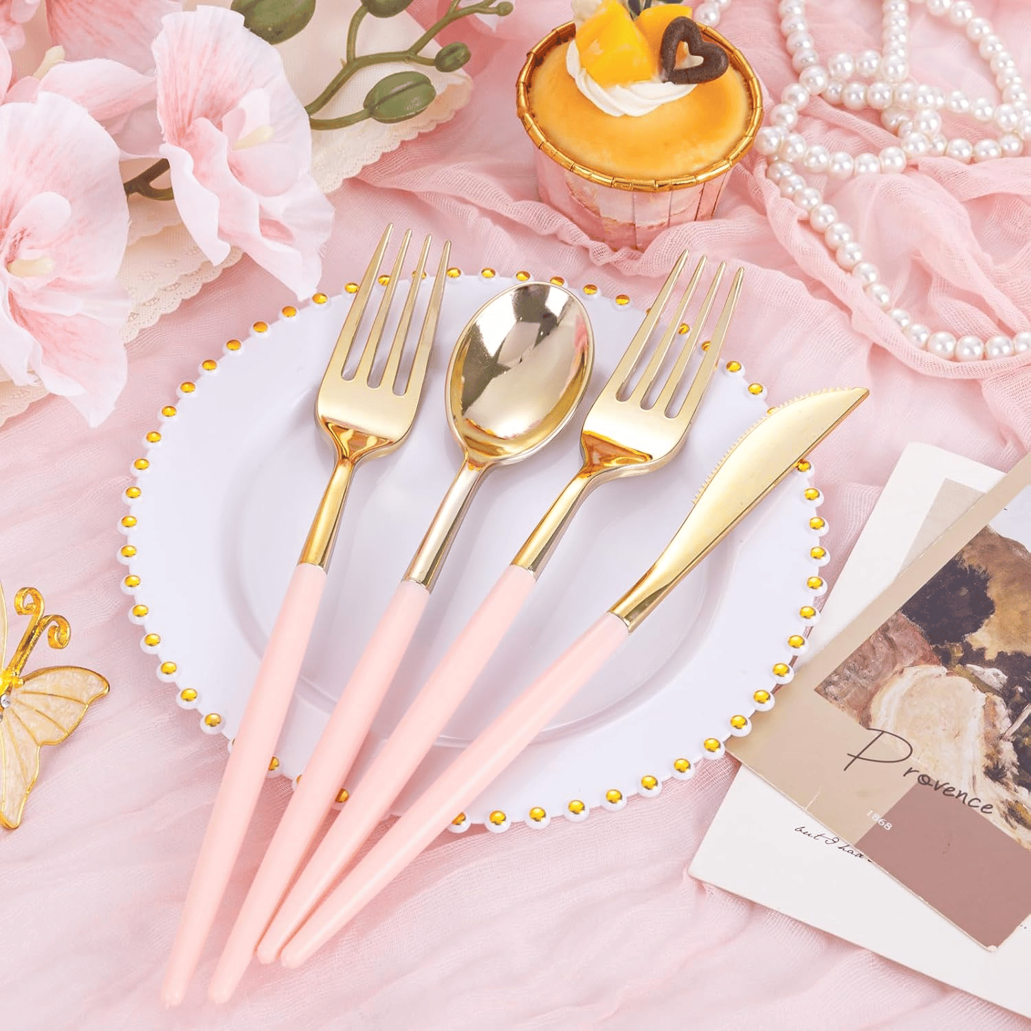 Pink & Gold Plastic Cutlery Set (102 Pieces) — view 5