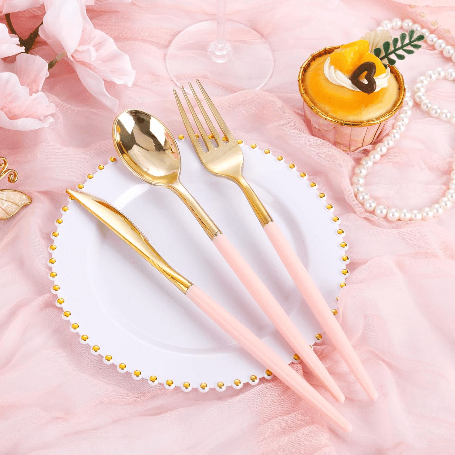 Pink & Gold Plastic Cutlery Set (102 Pieces) — view 6