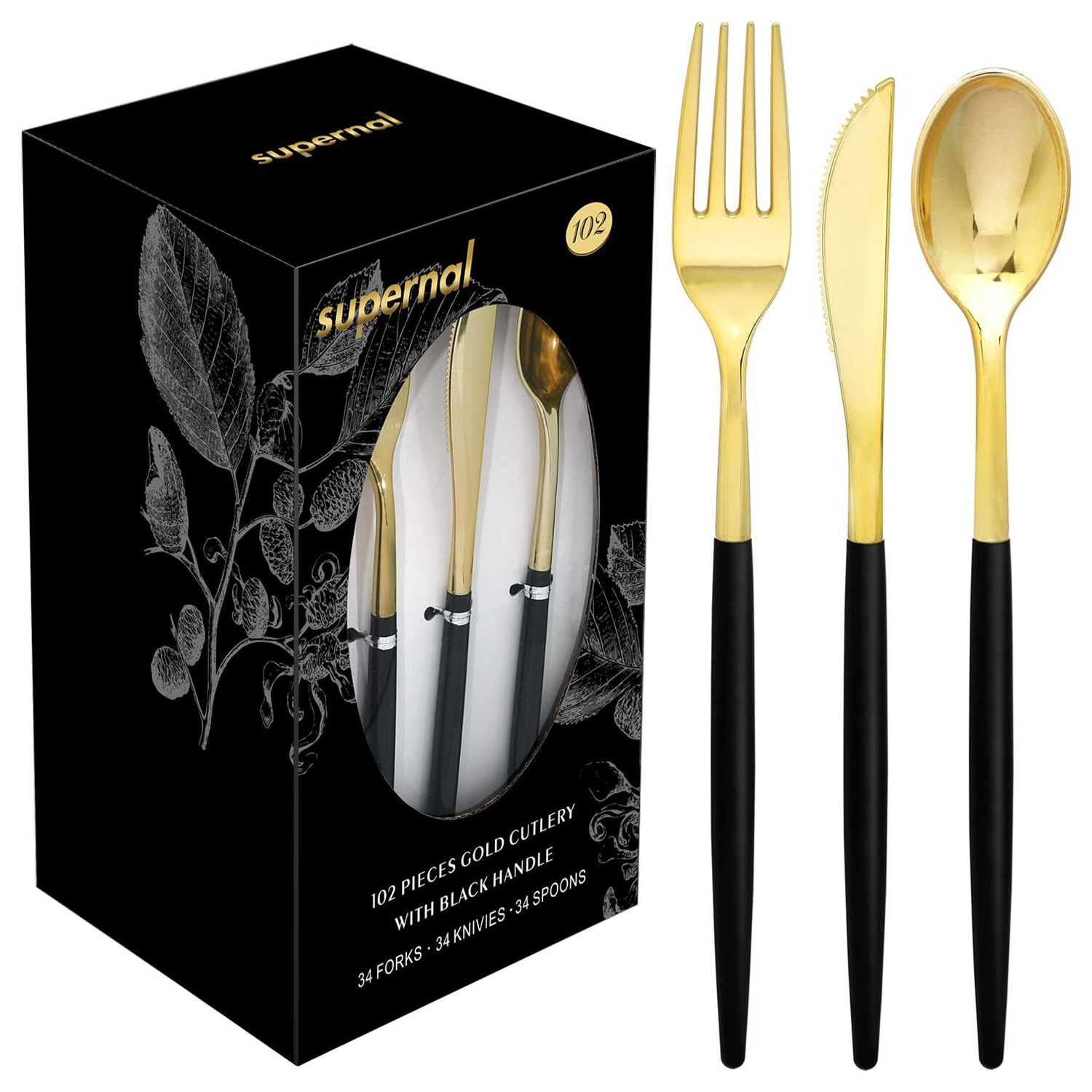 Gold & Black Plastic Cutlery Set (102 Pieces) — view 2