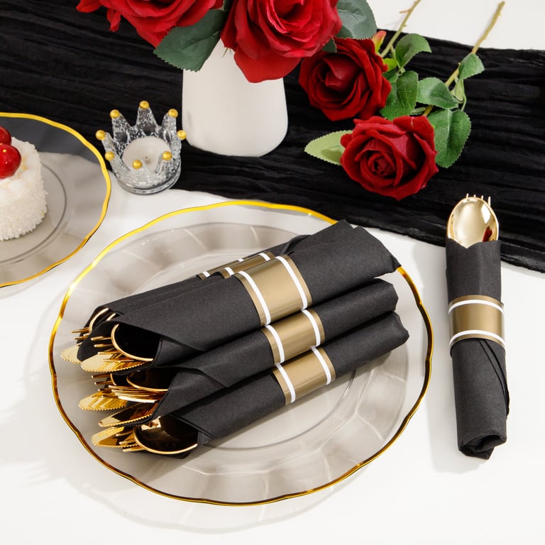 Black And Gold Pre-Rolled Cutlery with Napkins (120 Pieces) — view 8