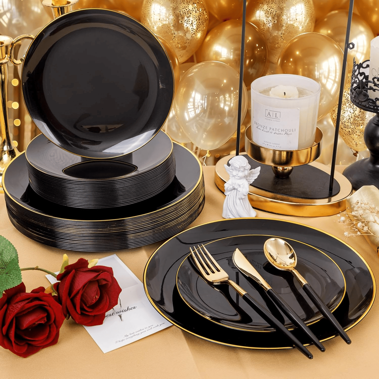 Gold & Black Plastic Cutlery Set (102 Pieces) — view 9
