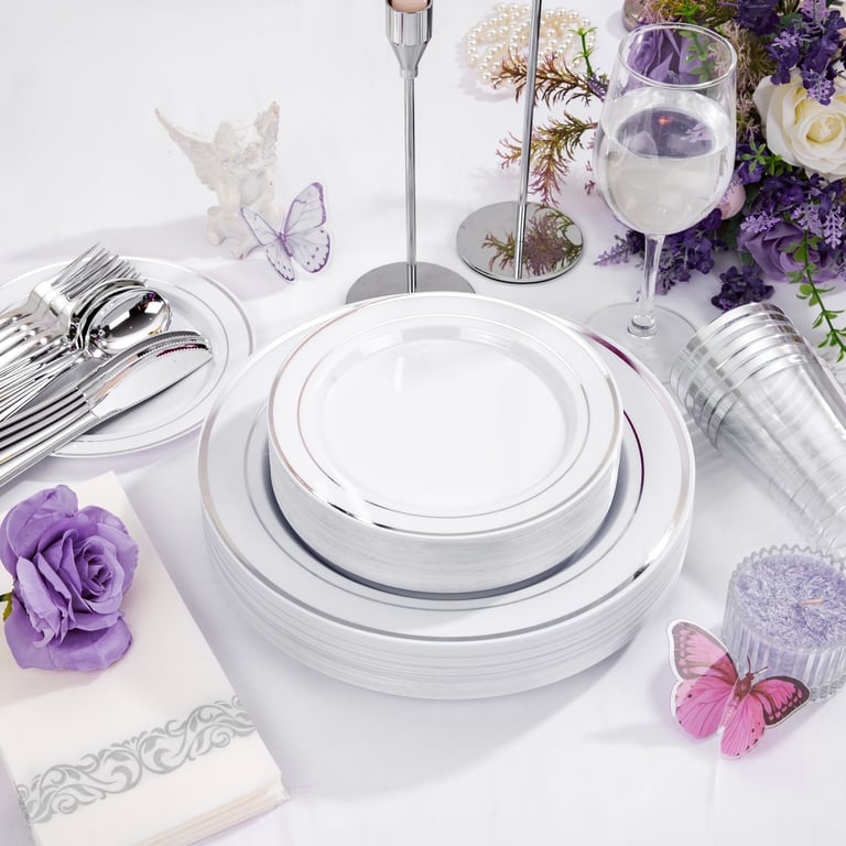 White And Silver, Silver, White Silver Plastic Dinnerware Set for Party — view 8