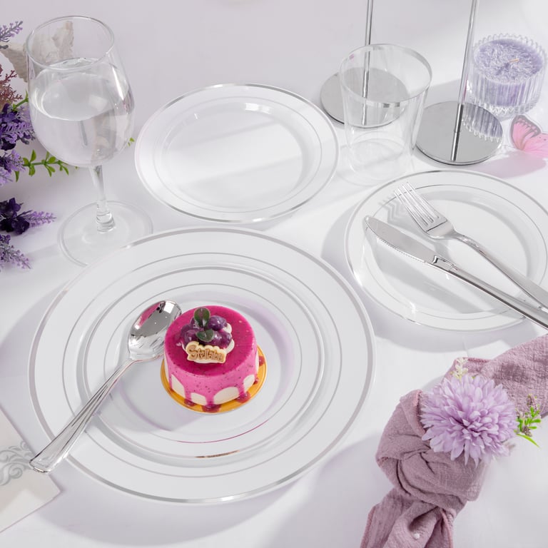 White And Silver, Silver, White Silver Plastic Dinnerware Set for Party — view 9