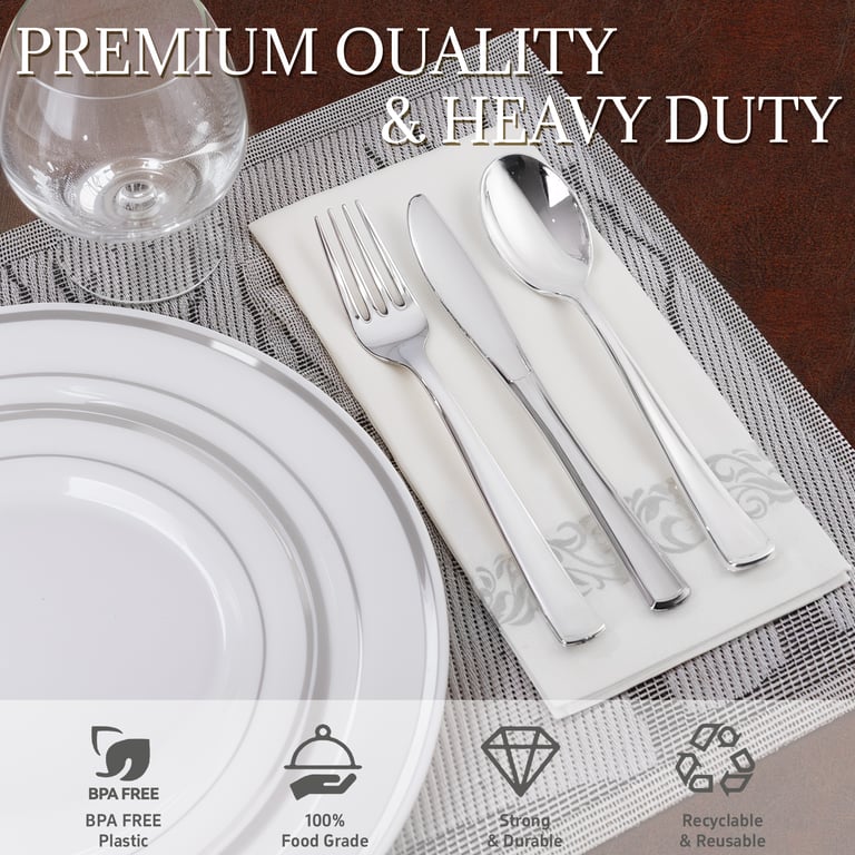 White And Silver, Silver, White Silver Plastic Dinnerware Set for Party — view 10