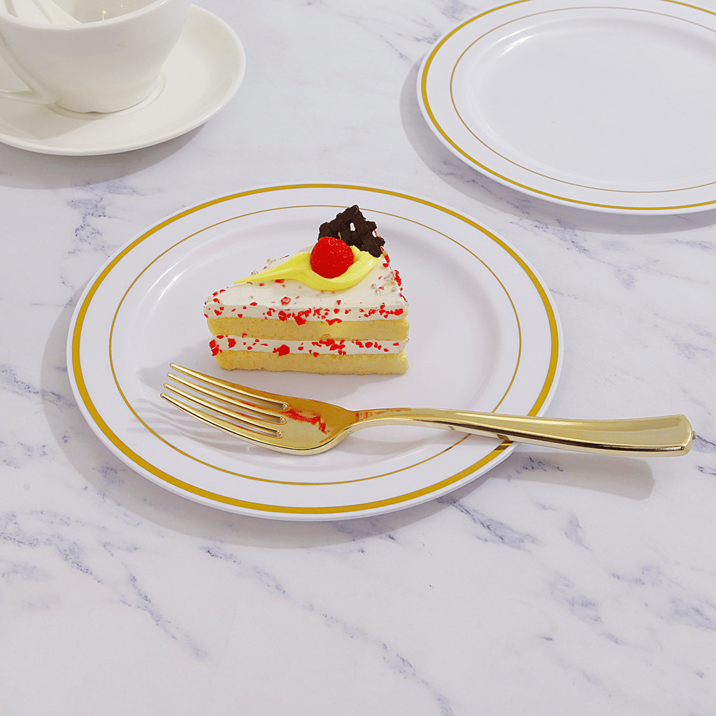White & Gold Rim Dessert Plates & Forks Set (144 Pieces) — view 3