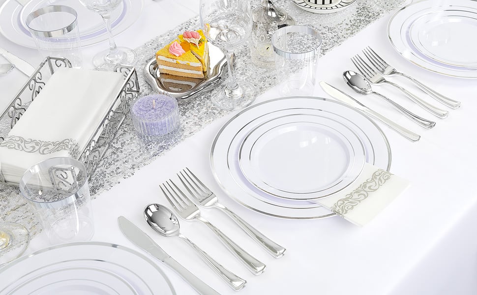Silver Plastic Dinnerware Set Heavy Duty Disposable Plates — view 6