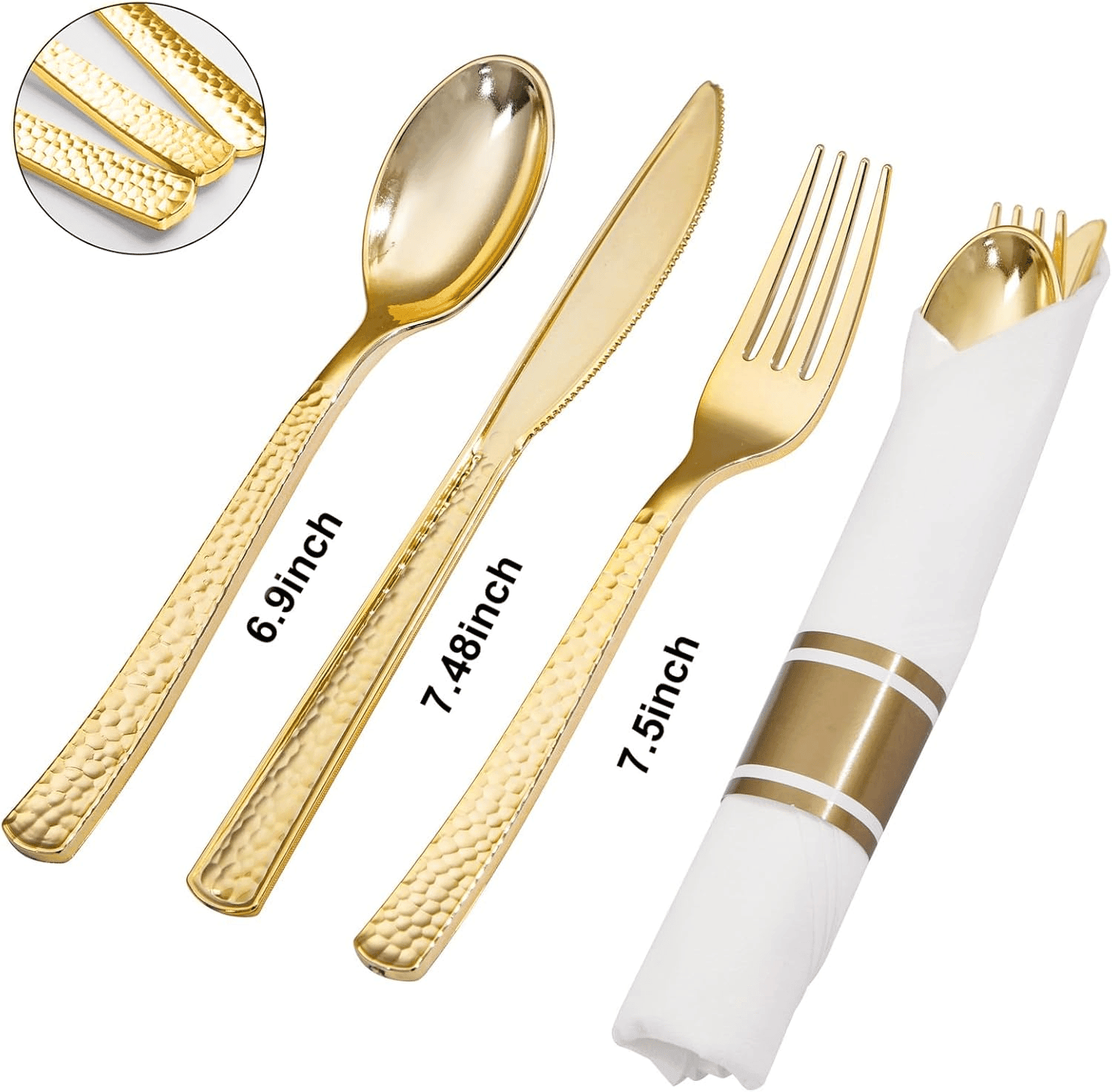 Hammered Gold Pre-Rolled Silverware with Napkins (100 Pieces) — view 9