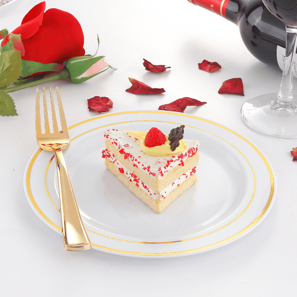 White & Gold Rim Dessert Plates & Forks Set (144 Pieces) — view 4