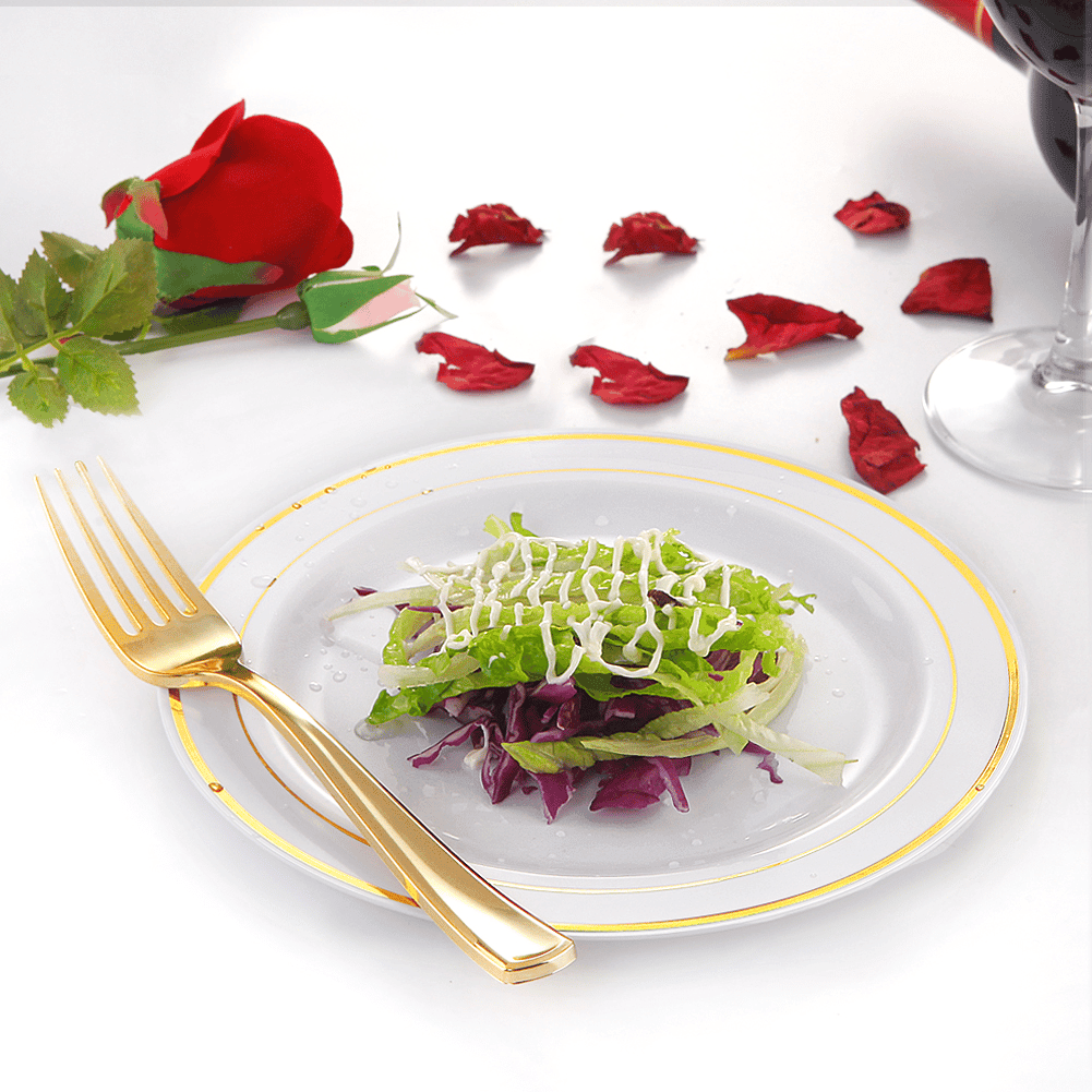 White & Gold Rim Dessert Plates & Forks Set (144 Pieces) — view 5