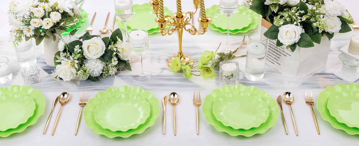 Green LIYH Scalloped Plastic Plates Reusable Unbreakable Dinner Plates Set — view 6