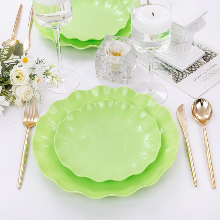 Green LIYH Scalloped Plastic Plates Reusable Unbreakable Dinner Plates Set — view 8